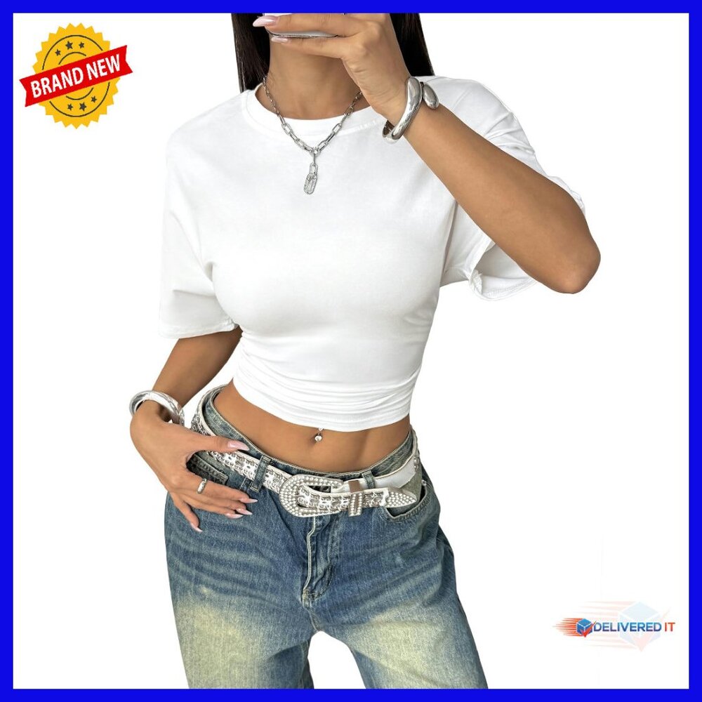 Women's Ruched Crop Top Slim Fit Summer T-Shirt Casual Style